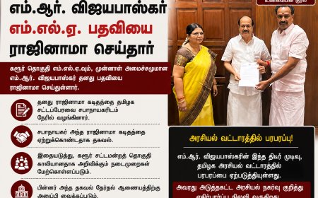எம்.ஆர். விஜயபாஸ்கர் எம்.எல்.ஏ. பதவியை ராஜினாமா செய்தார்